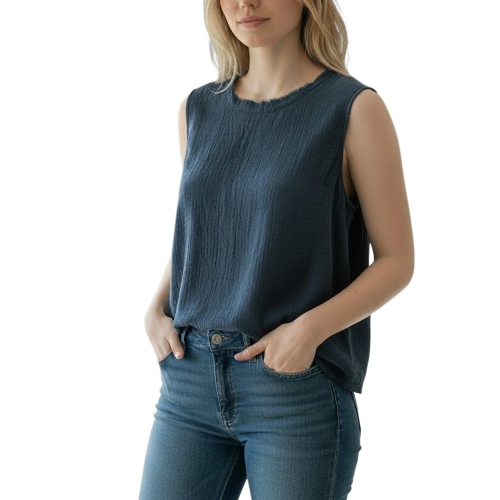 AMO Sleeveless Cotton Tank Top Medium Blue Textured Muscle Tee NWT